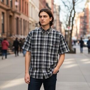 Dickies Plaid Short Sleeve Button Shirt Men's L Black Gray Green 60/40 Workwear